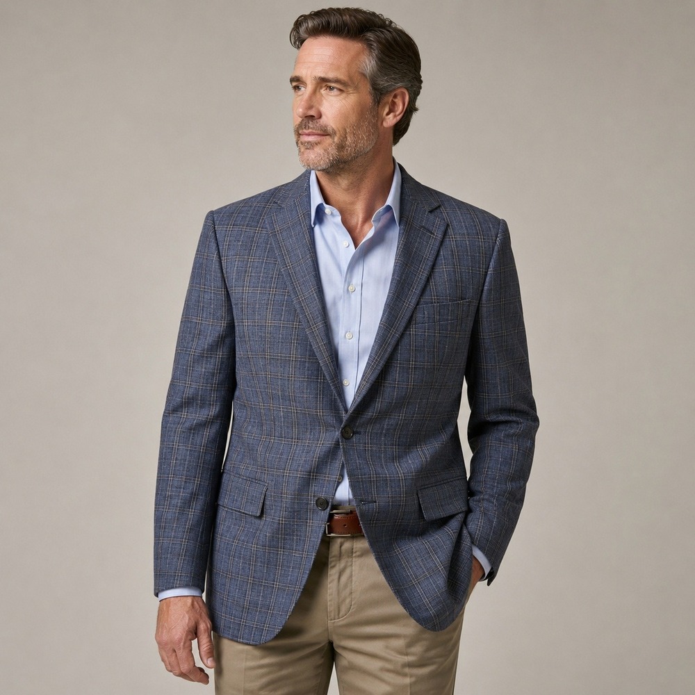 Peter Millar Wool Cashmere Mens Blue Plaid Sport Coat Blazer Made in Canada 47